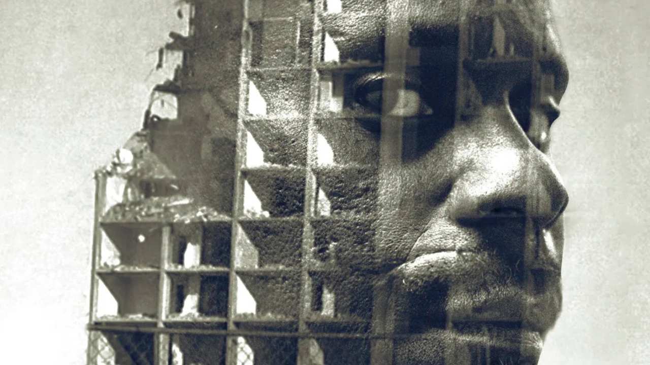 poster art of a mans face with a building on it